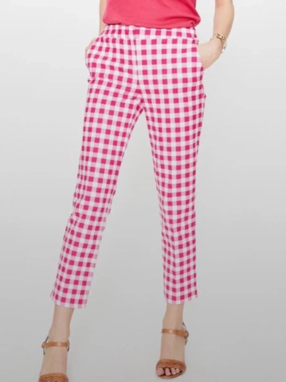 Boden Women’s Bright Pink Gingham Checkered Trouser Mid Rise Ankle Pants Size 6 - Picture 12 of 13